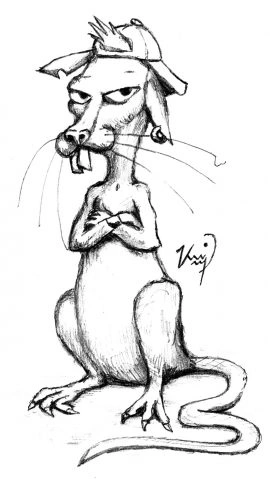 Coloring book of a pensive rat in a cap